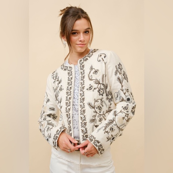 Embroidered Zip Up Jacket in Vanilla Black - Picture 4 of 8